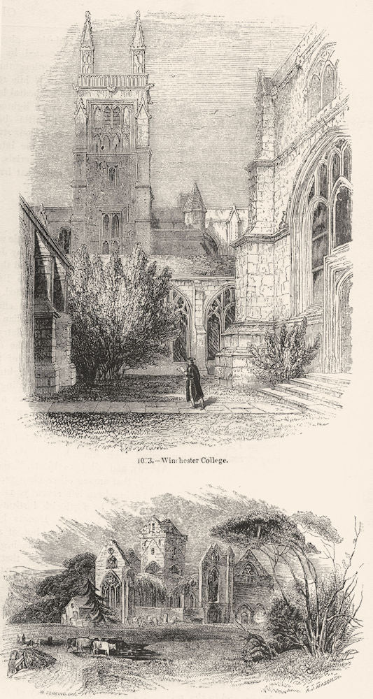 WINCHESTER. College; New Abbey, Kirkcudbrightshire  1845 old antique print